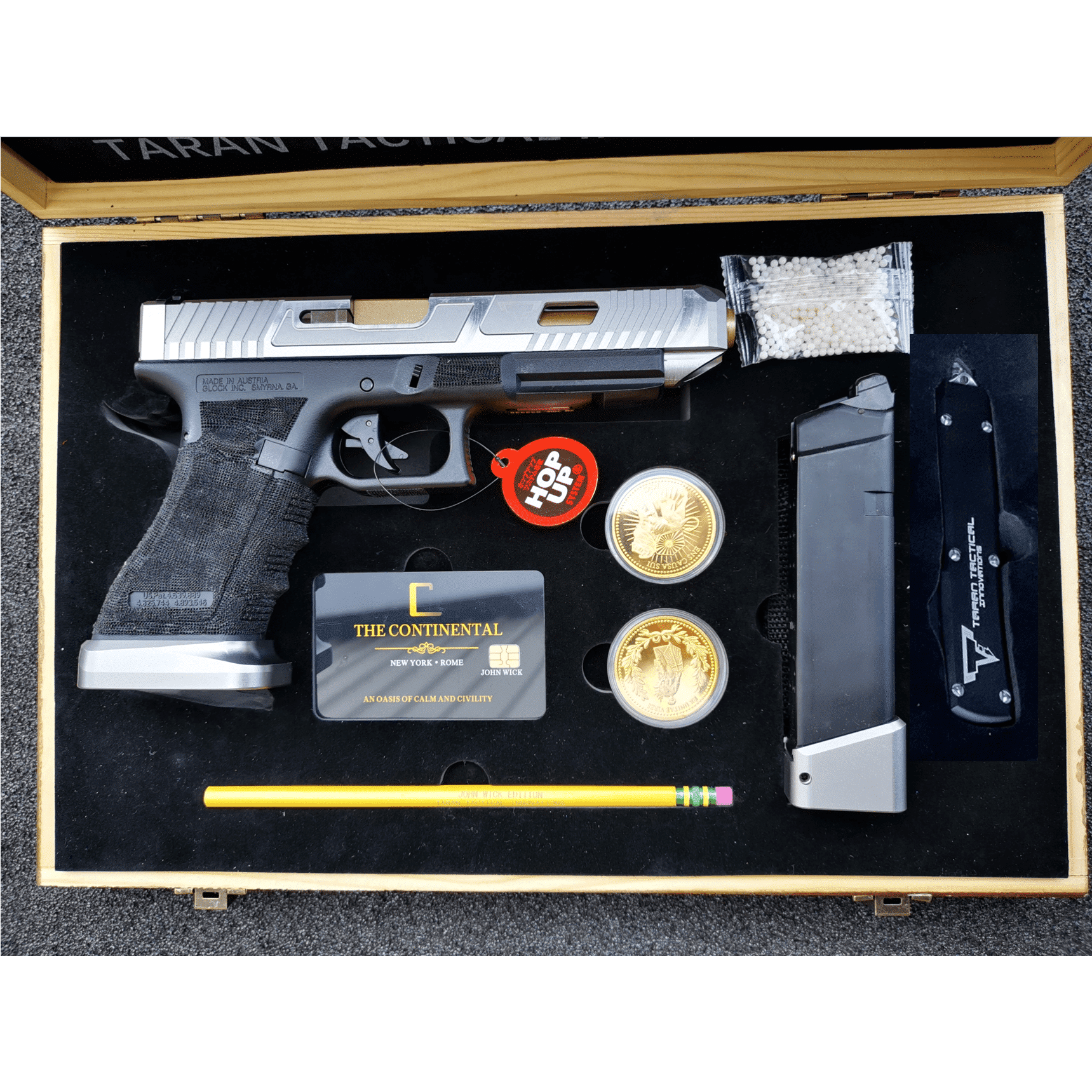 Double Bell Glock 34 TTI Style JW John Wick Pistol With Wood Case GBB Gel Blaster(silver slide) - iHobby Online