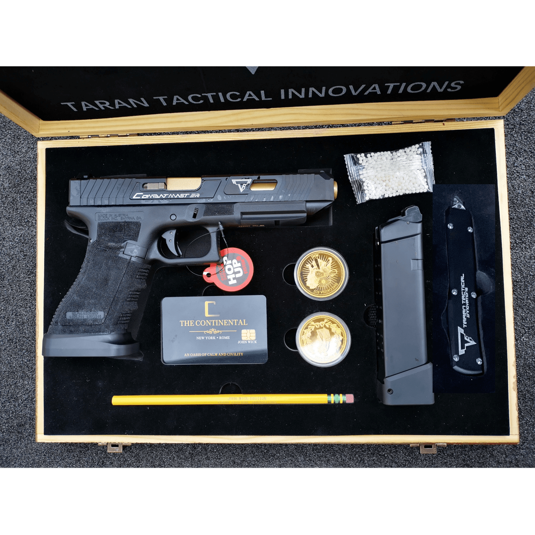 Double Bell Glock 34 TTI Style JW John Wick Pistol With Wood Case GBB Gel Blaster - iHobby Online