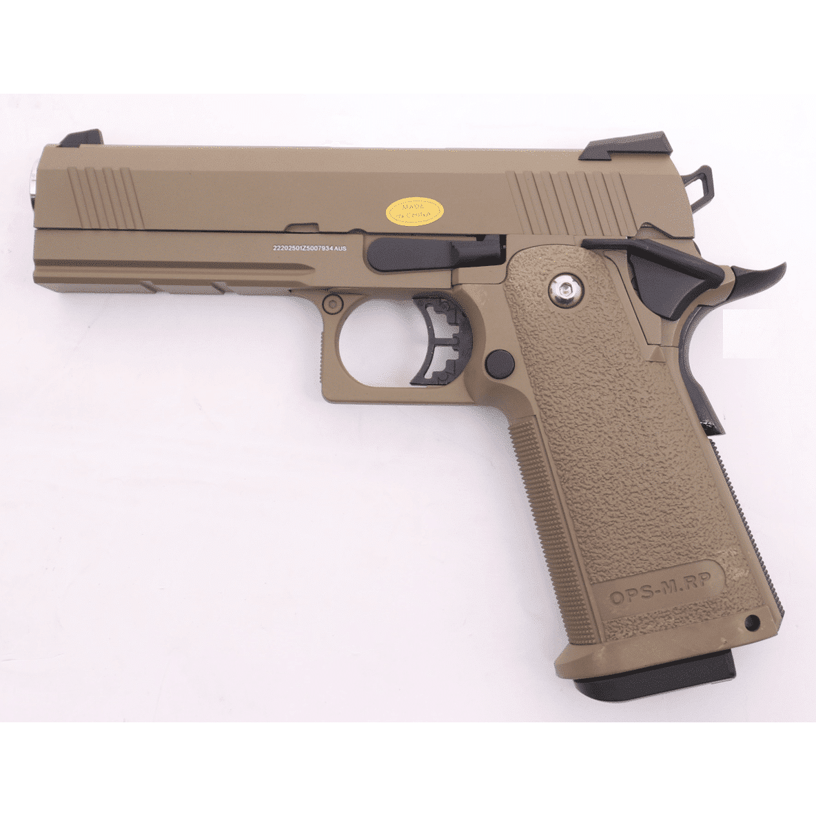 GOLDEN EAGLE 3303T REPLIQUE PISTOLET BILLE OPS M.RP HI CAPA 4.3 VERSION GAS/CO2 BLOWBACK FULL METAL GEL BLASTER (Colour: Tan) - iHobby Online