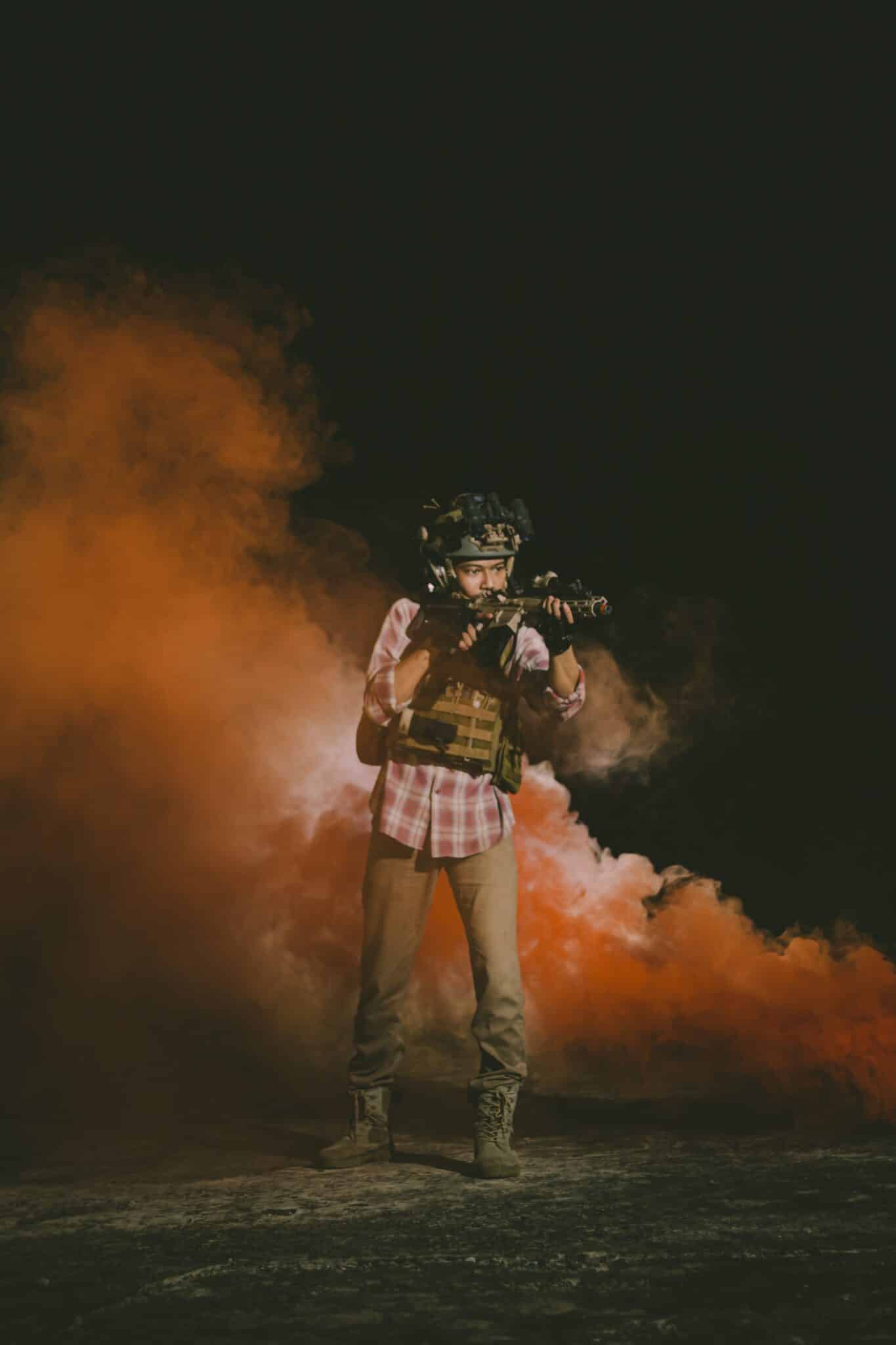 Gel Blaster player in a stunt pose
