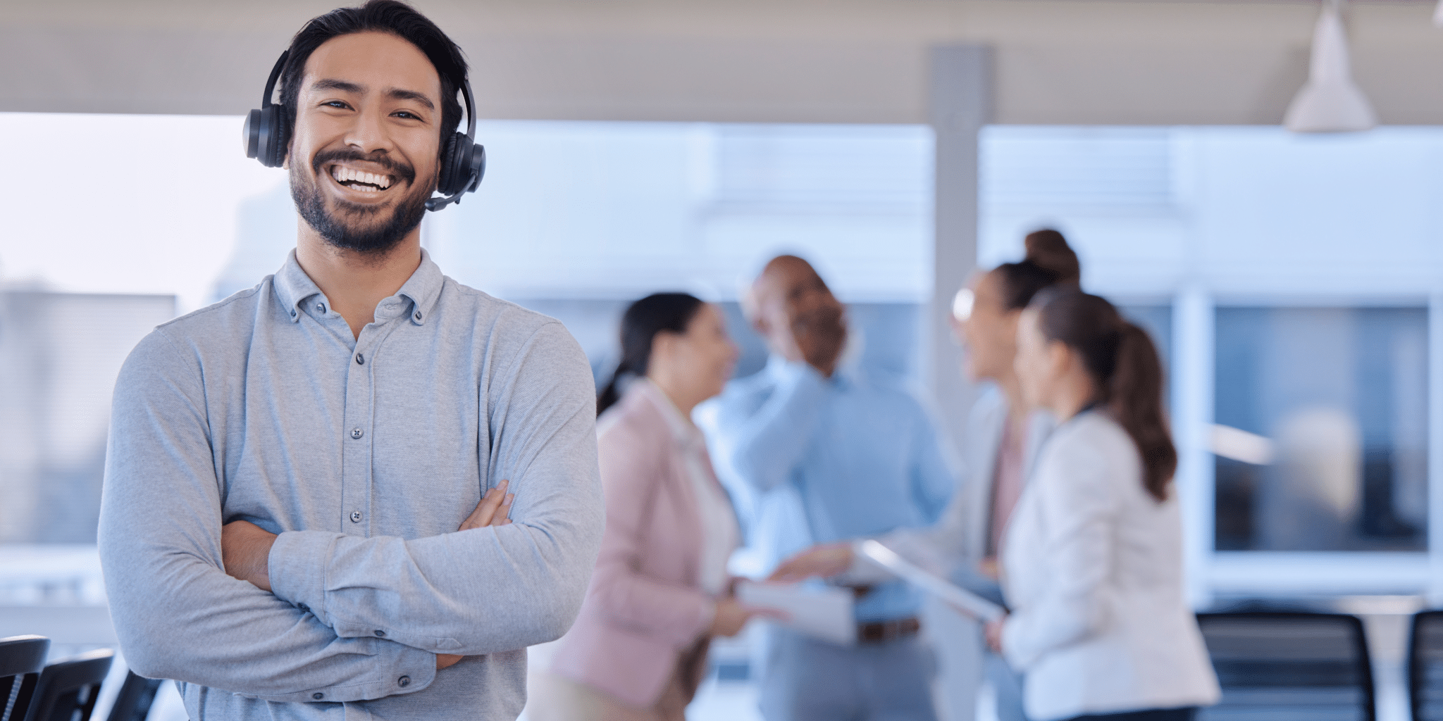 Smiling business man, help desk consultant with care and confidence at crm agency job.