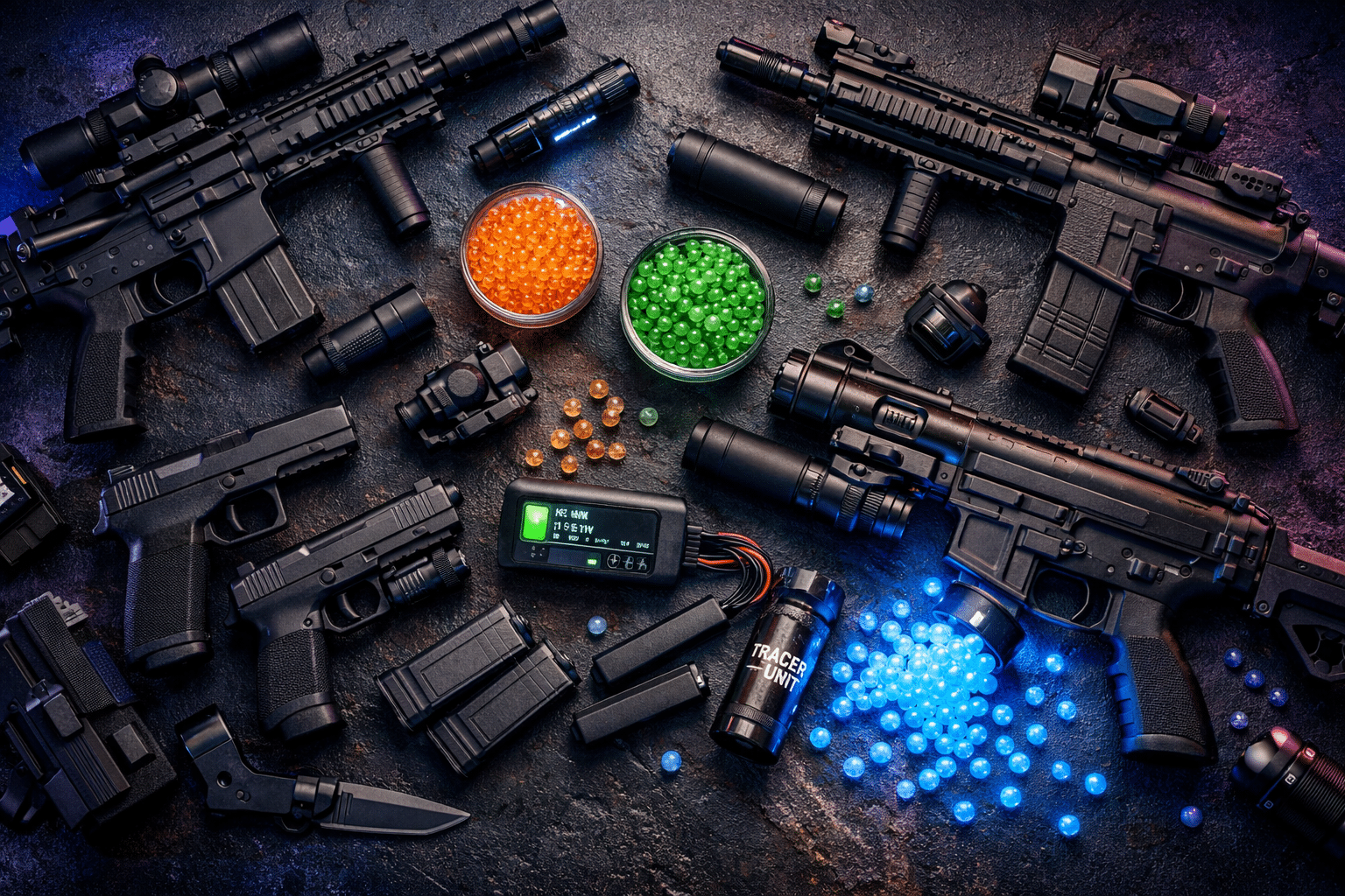 Top-down view of futuristic gel blasters and tactical accessories showcasing 2026 technology trends.