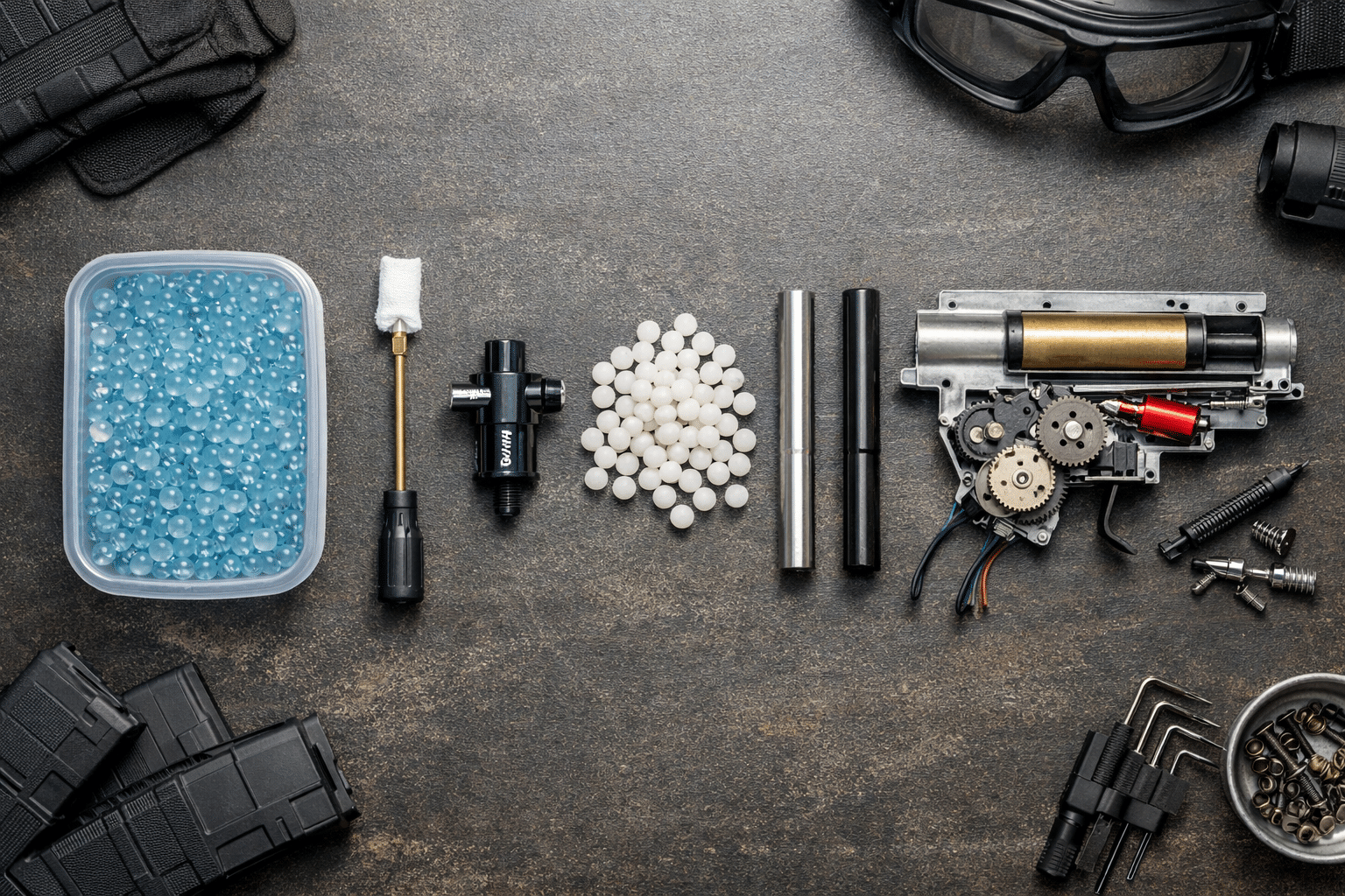 Flat lay of gel blaster upgrade components arranged from basic maintenance items to advanced internal parts, representing a structured accuracy improvement path.