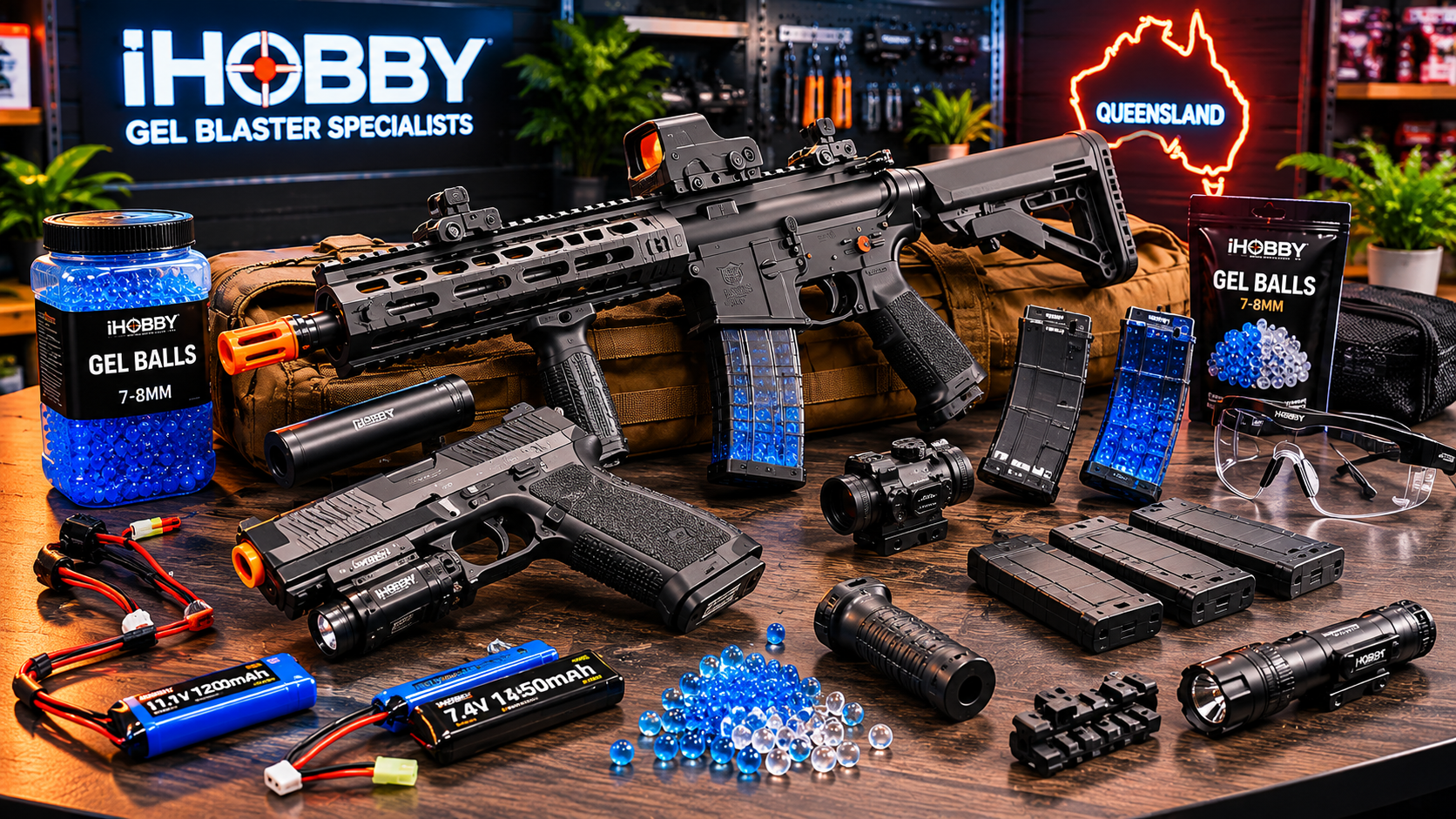 09fff983-c69f-4d34-977c-034fe2d317c0 Gel blaster rifles, pistols, and accessories displayed on a tactical workbench in Queensland.