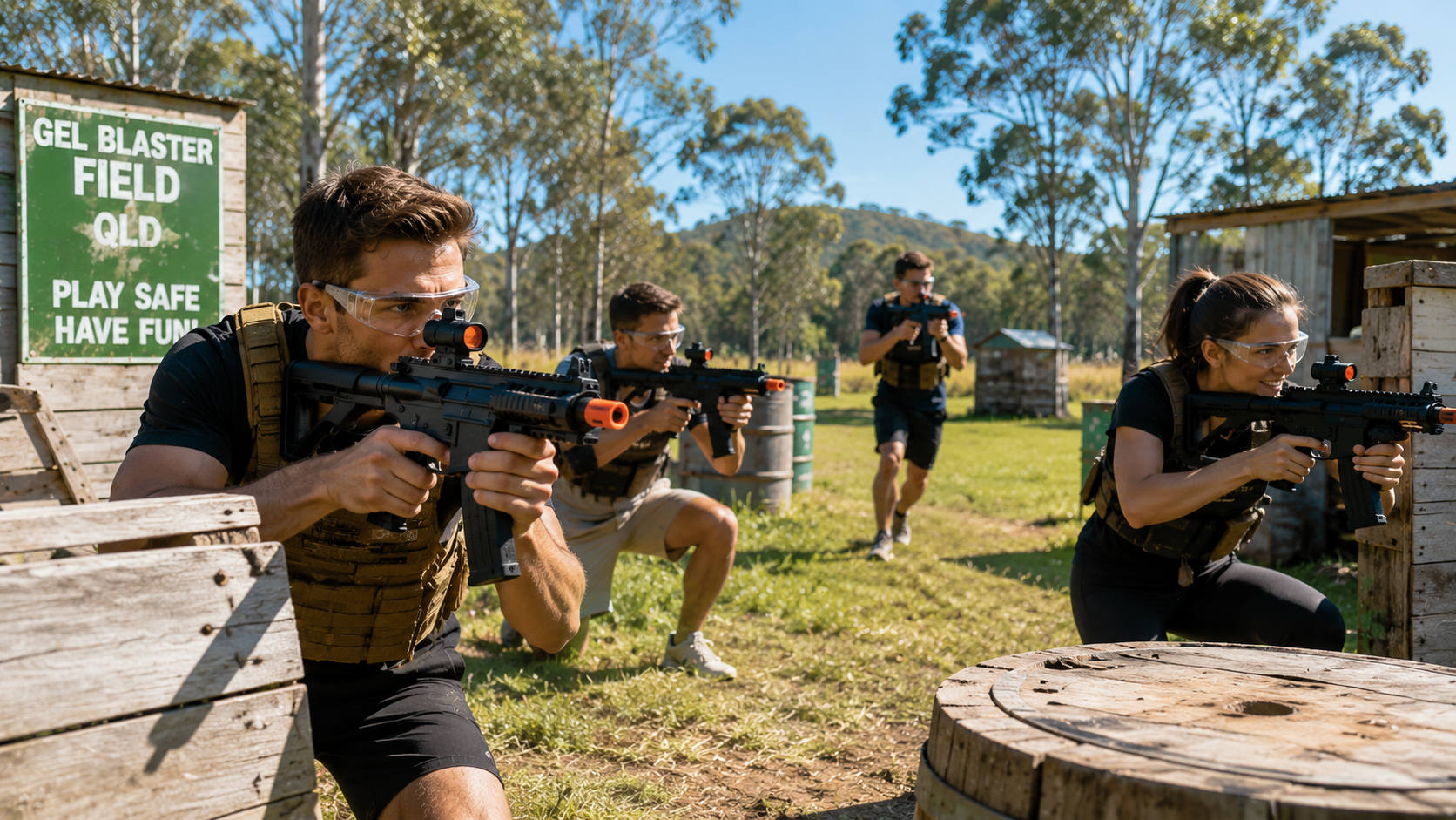ed635280-7b17-400f-b242-24ae17a06ea0 Players using gel blasters safely at an outdoor recreational field in Queensland.