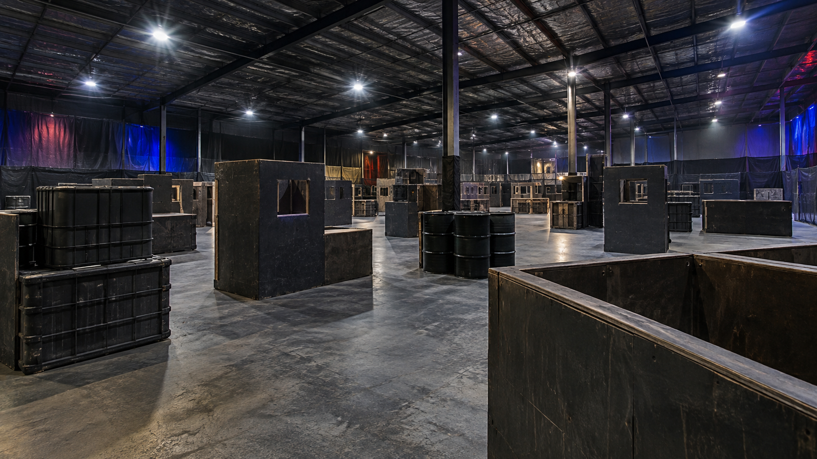 Purpose-built indoor gel ball arena with tactical cover and playing lanes